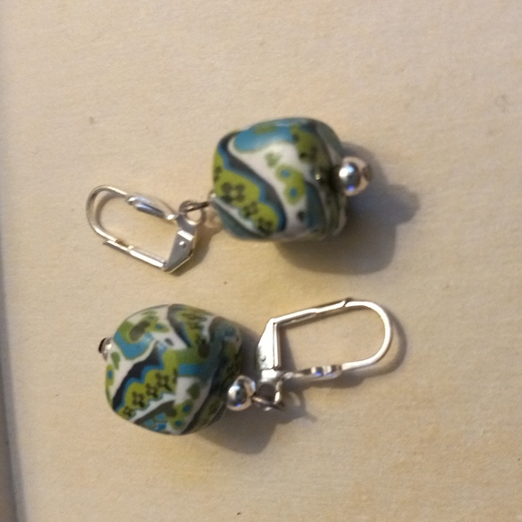 Dangles W/ Hearts & Flowers, Green, Blue, White Squares with Lobster Clasp - Picture 5 of 5